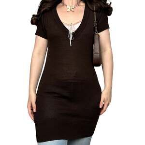 Cute Vintage M Abercrombie & Fitch Brown Short Sleeve Knit Mini Dress V Neck Y2k